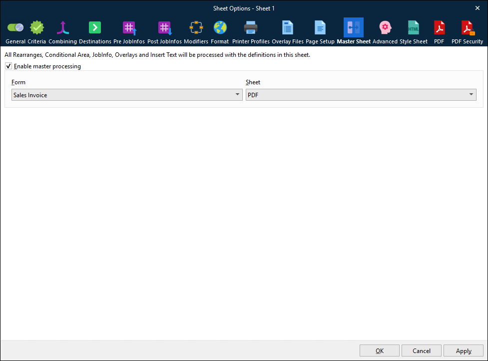 The Master Sheet tab in the Sheet Options window.
